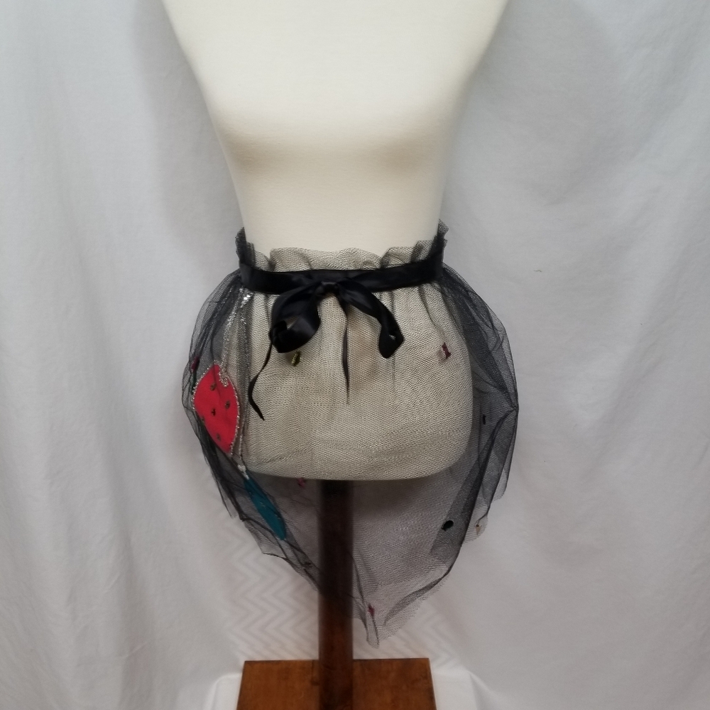 Black Vintage Christmas Half Apron MCM Netting Tulle Felt Applique Sequins